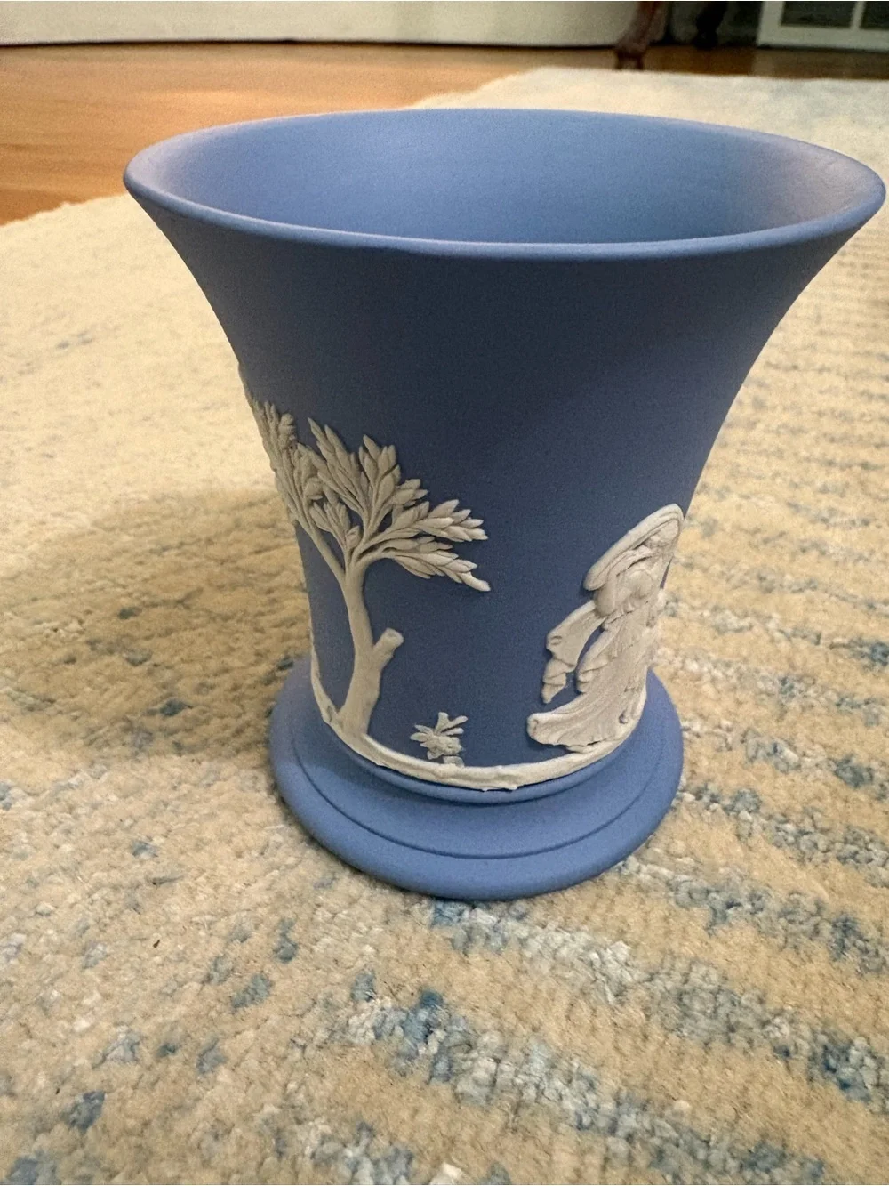 Wedgwood-Style Blue Jasperware Flared Vase with White Relief